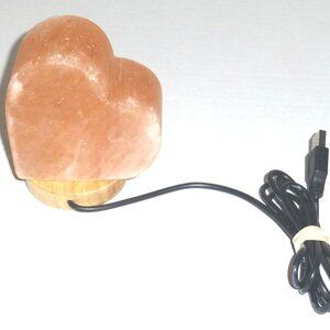 Heart Shaped Hand Carved USB Powered Himalayan Salt Lamp with Wooden Base Works